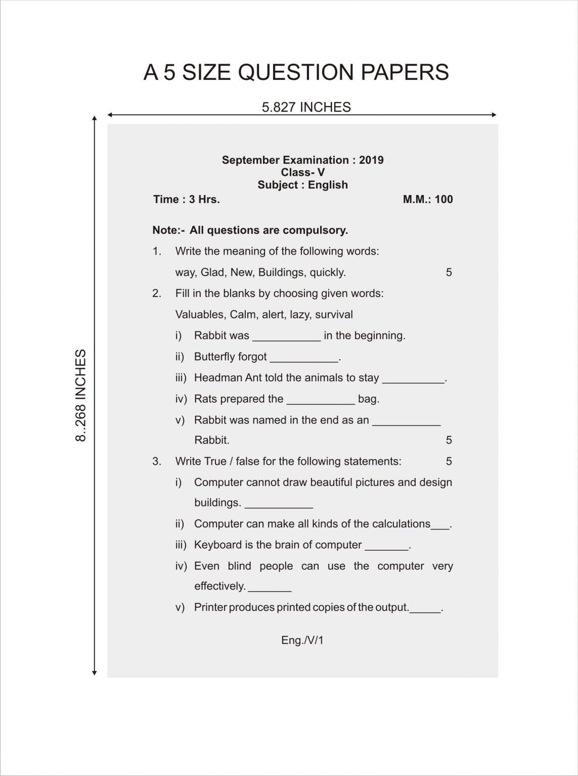 Exam. Paper Printing A5 Question Paper Half of A4 Question Paper Test