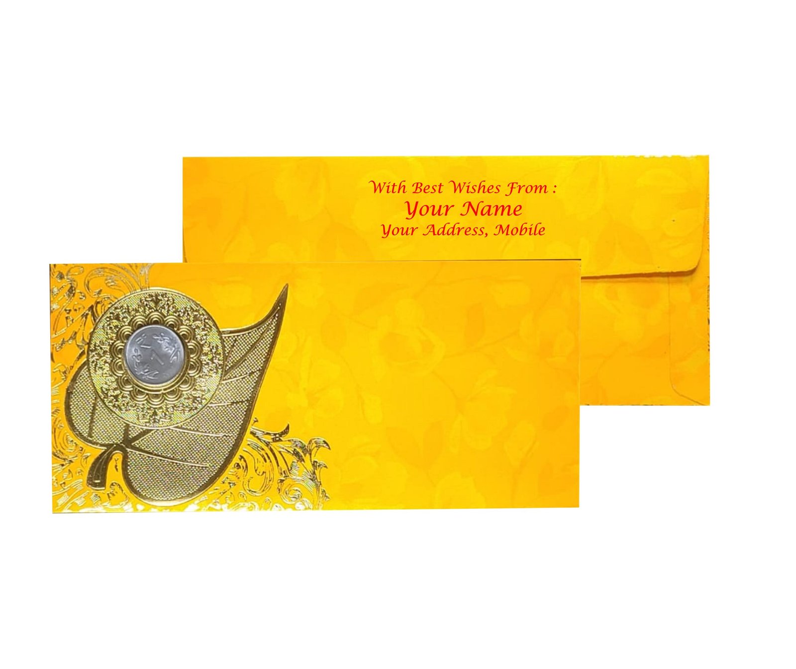 Elegant Shagun Envelopes with Gold Coin Design – Personalized Gifting Solution  yellow colour