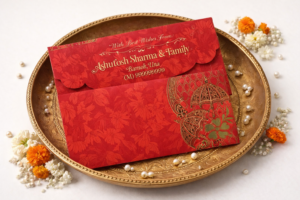 Exquisite Red Shagun envelopes with intricate gold foil detailing..
