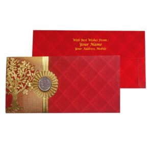 legant Red Shagun Envelope with Golden Tree & Coin Design.