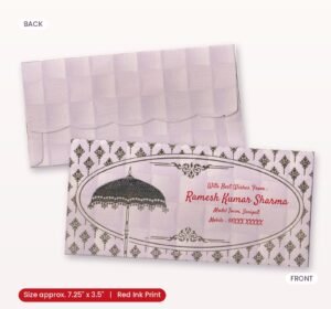 Elegant pink golden umbrella shagun envelope front and back with red ink name print, 7.25 x 3.5 inch