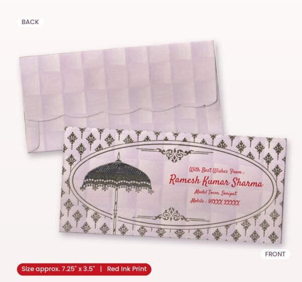 Elegant pink golden umbrella shagun envelope front and back with red ink name print, 7.25 x 3.5 inch