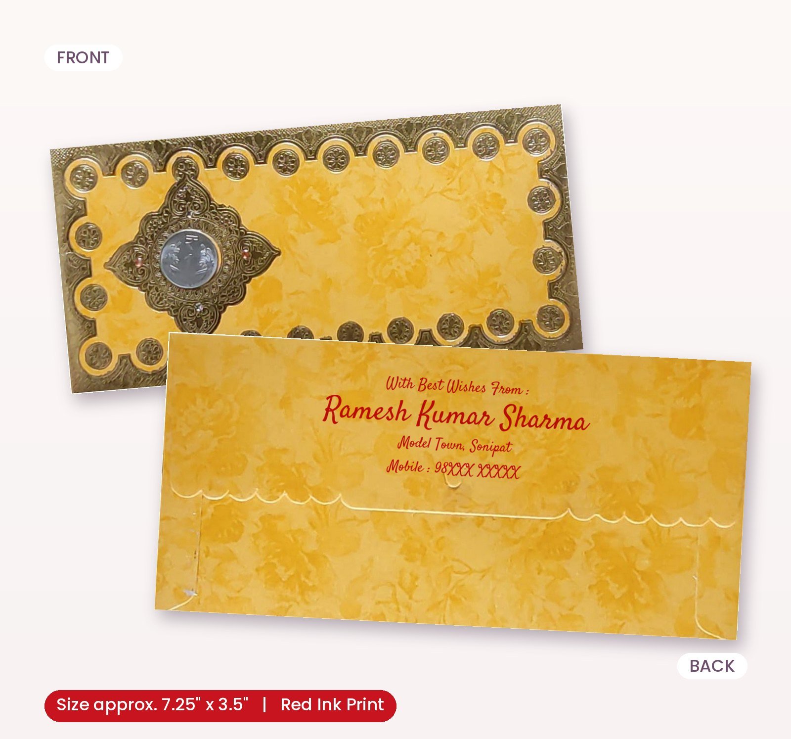 Yellow Colour Fancy Wedding Shagun Gift Money Envelopes/ Lifafa with coin | Online Customized with Name printed