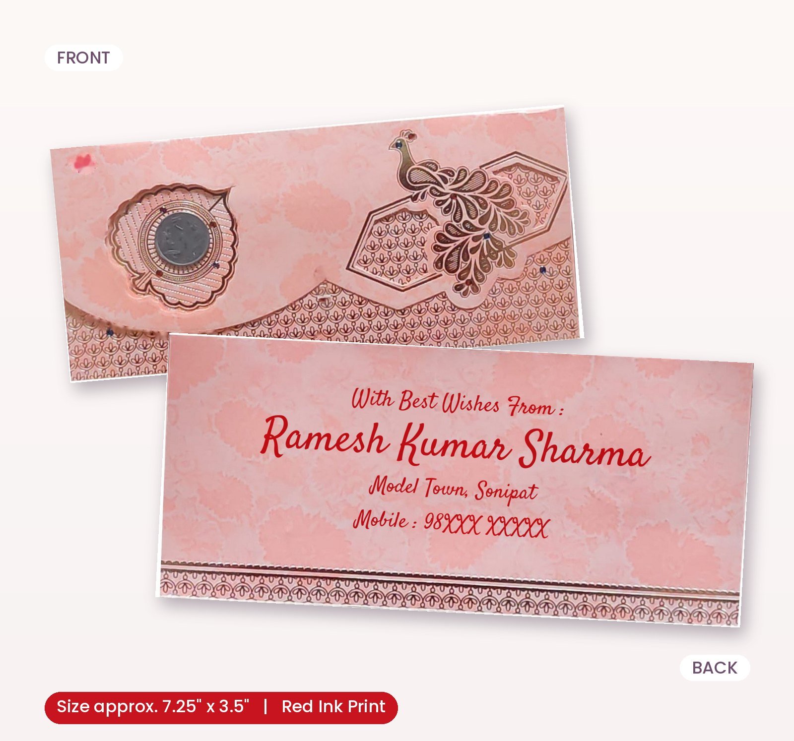 Pink Colour Fancy Wedding Shagun Gift Money Envelopes/ Lifafa with coin | Online Customized with Name printed