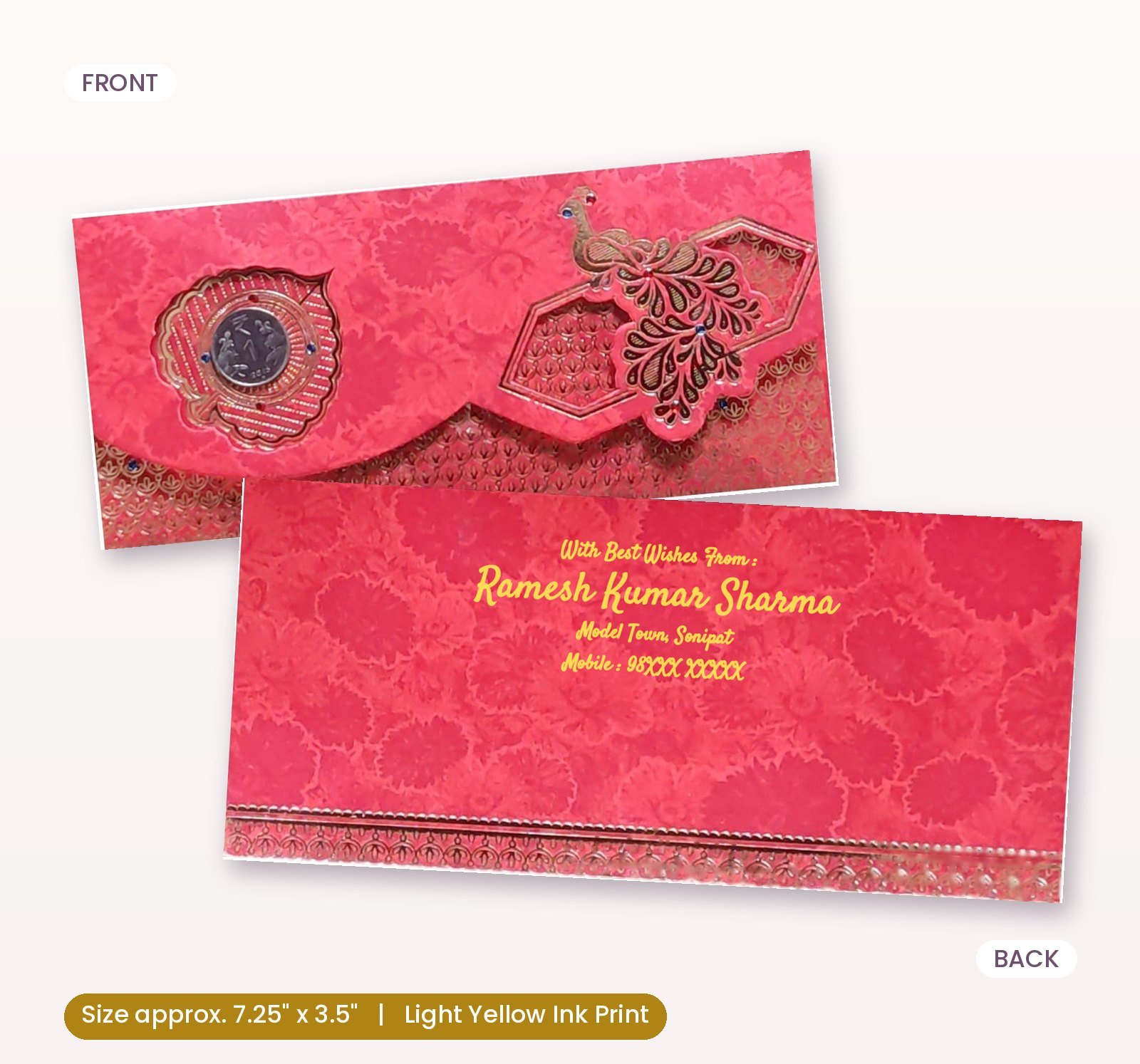 Red Colour Fancy Wedding Shagun Gift Money Envelopes/ Lifafa with coin | Online Customized with Name printed