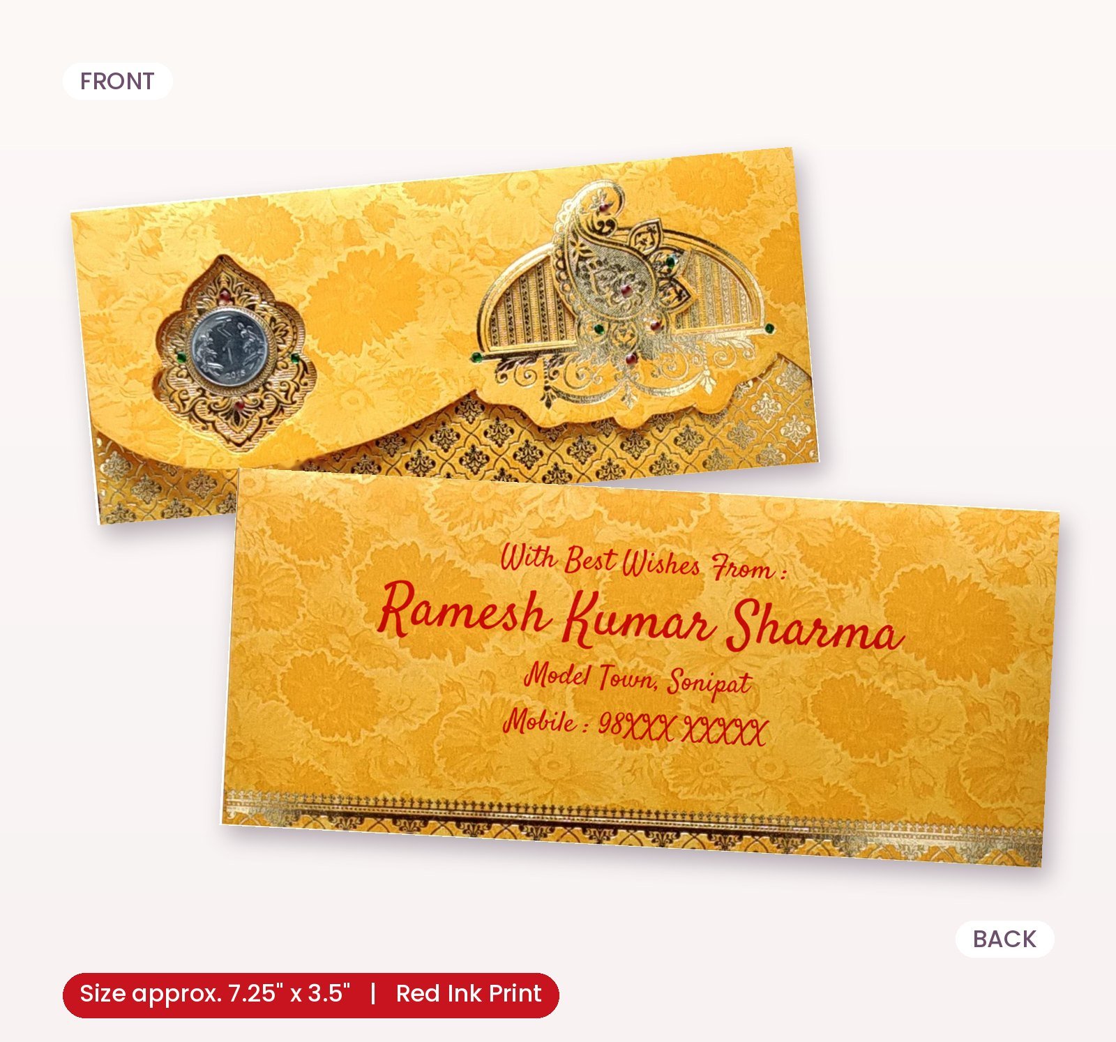 Yellow Colour Fancy Wedding Shagun Gift Money Envelopes/ Lifafa with coin | Online Customized with Name printed