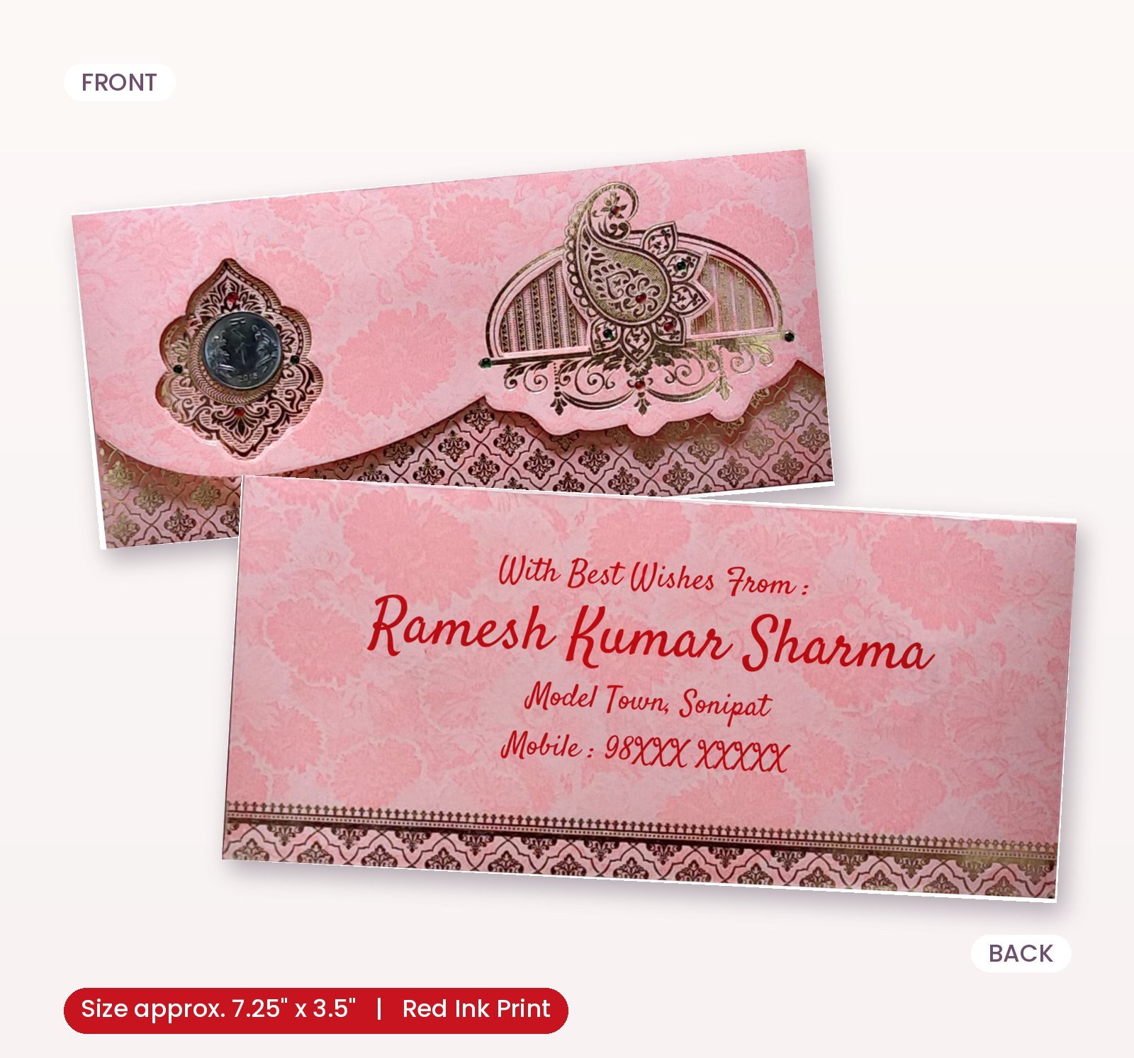 Pink Colour Fancy Wedding Shagun Gift Money Envelopes/ Lifafa with coin | Online Customized with Name printed