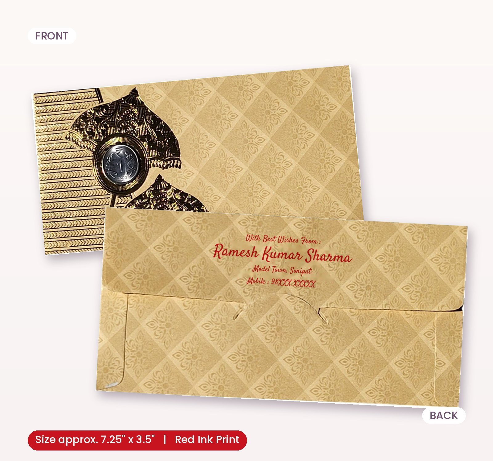 Elegant Golden Wedding Shagun Envelope with Coin Holder.