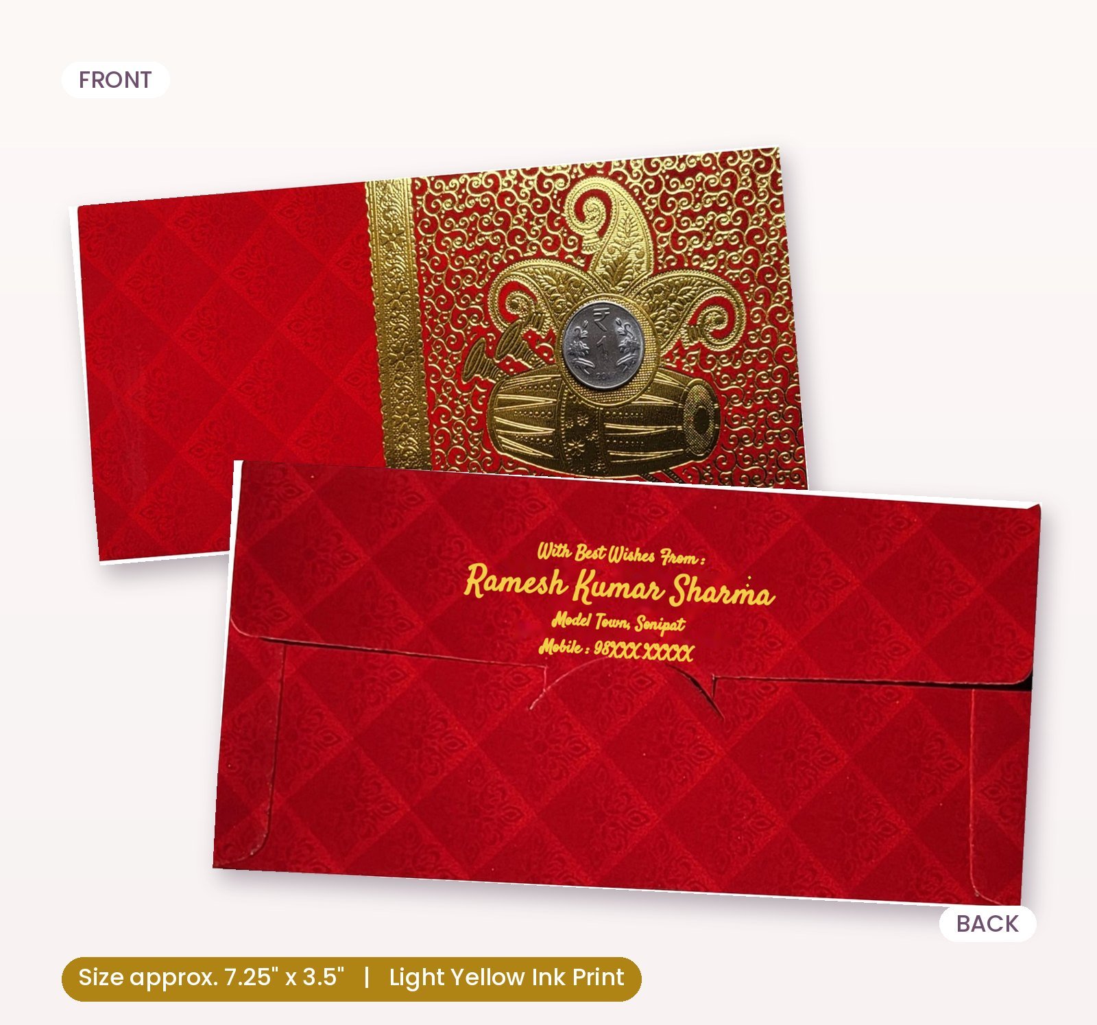 Elegant Red & Gold Shagun Envelope with Embossed Design.