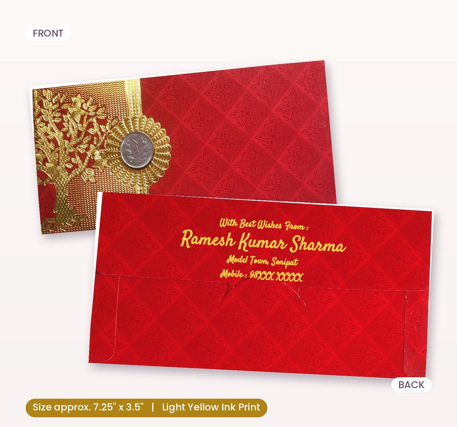 legant Red Shagun Envelope with Golden Tree & Coin Design.