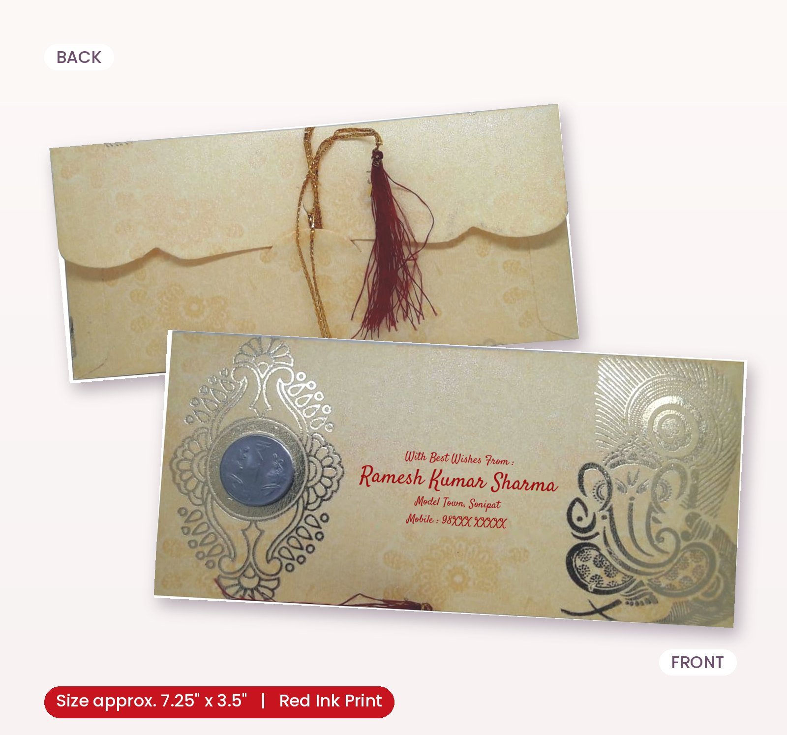 Light Colour Fancy Golden Border Wedding Shagun Gift Money Envelopes/ Lifafa with coin | Online Customized with Name printed