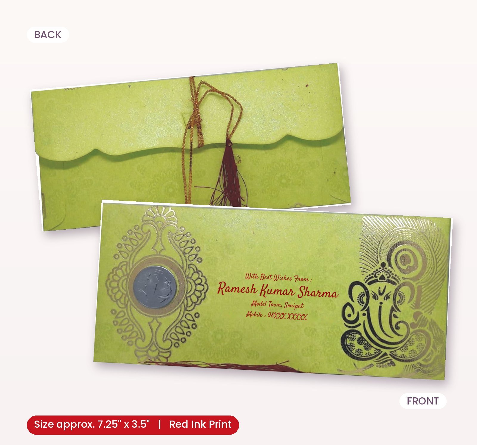 Light Green Colour Fancy Golden Border Wedding Shagun Gift Money Envelopes/ Lifafa with coin | Online Customized with Name printed