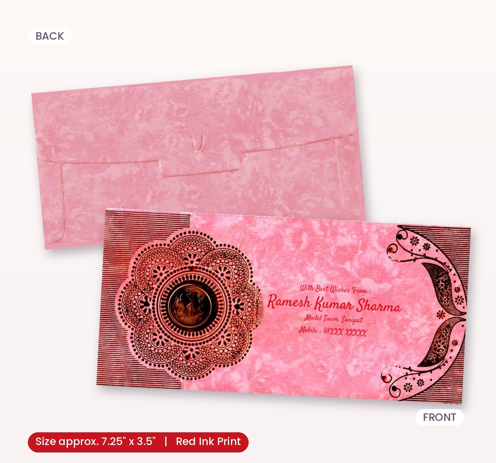 Pink Colour Fancy Wedding Shagun Gift Money Envelopes/ Lifafa with coin | Online Customized with Name printed