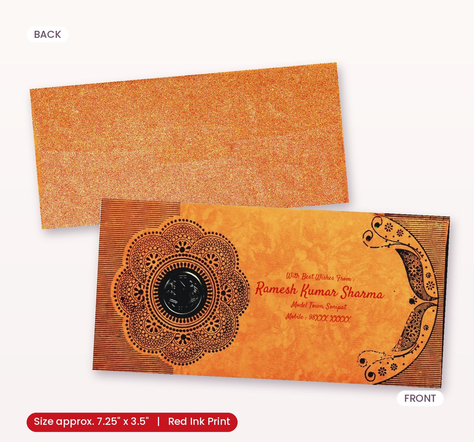 Orange Colour Fancy Wedding Shagun Gift Money Envelopes/ Lifafa with coin | Online Customized with Name printed